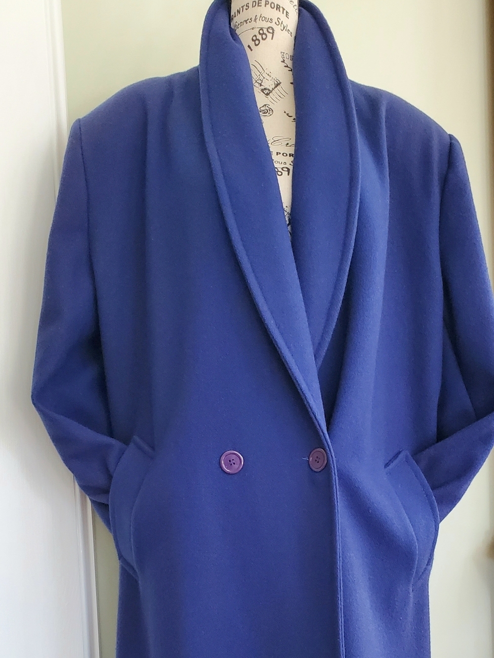 Vintage 80s Colbalt Blue 100% Wool Long Coat, Full Length Overcoat Made In USA - Picture 3 of 15